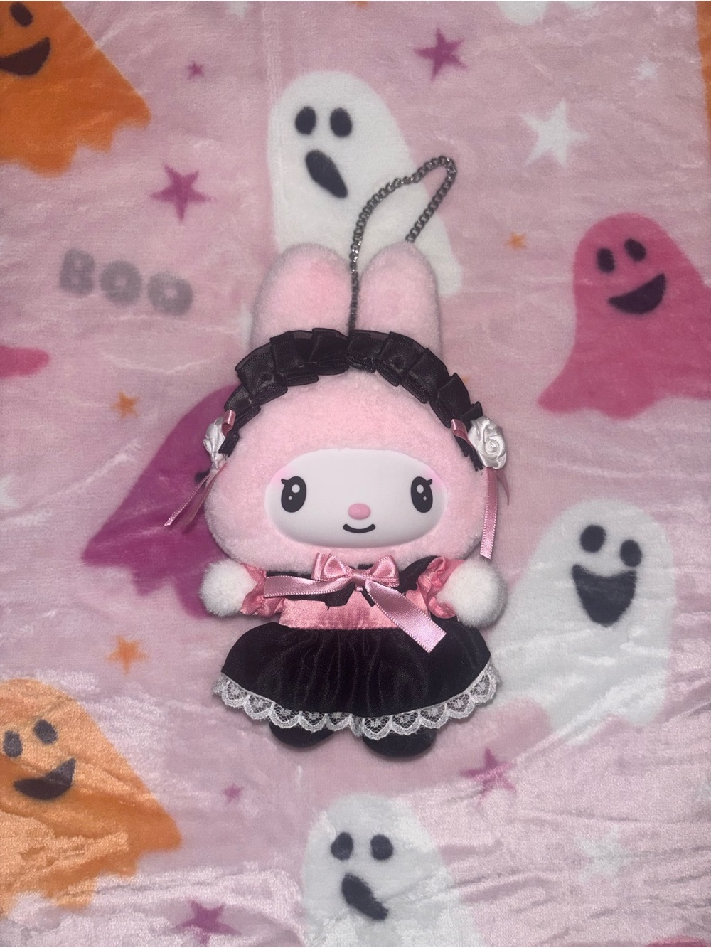 Sanrio Pink Plush My Melody Bunny Bag Charm with Black Dress